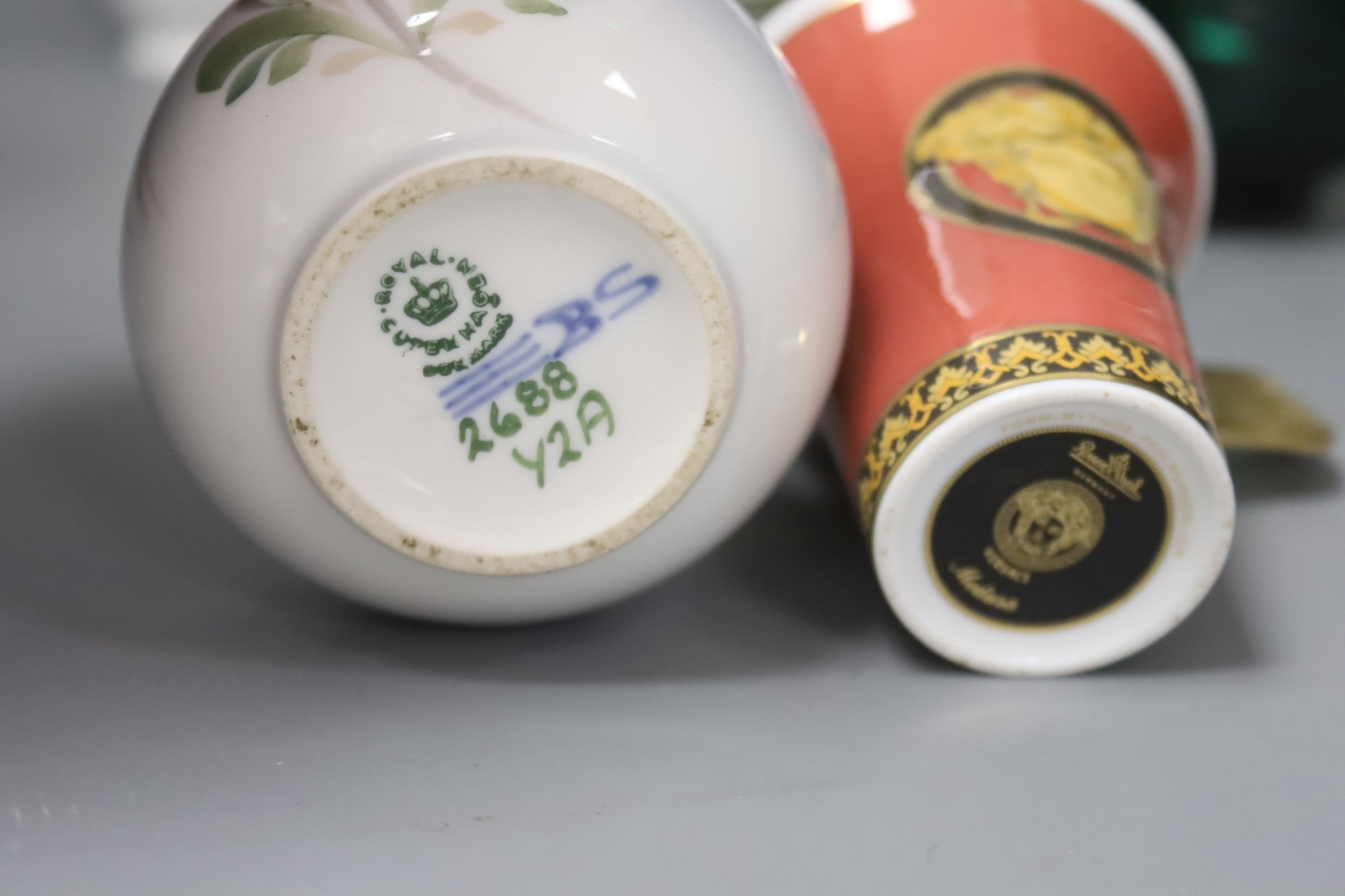 A Chinese Beijing green glass bowl, a Rosenthal Versace cup and saucer, a Royal Copenhagen squat pot and bird etc (5)